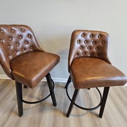Set of 2, 26" Swivel Faux Leather Upholstered Bar Stools with Backs and Metal Legs, Retro Counter Stools for Kitchen Island, Dining Room, Pub, Brown