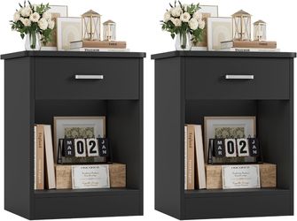 FOTOSOK Nightstand Set of 2 with Drawer and Storage Shelf | Black Night Stand Bedside Table End Table, Night Stand for Bedroom, Home Office, 15.7"D x