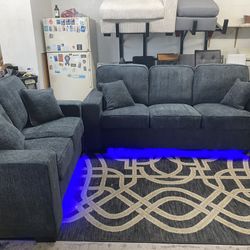 New Couch / Love Seat W LED Lights.  Blue Chenille.  86x34x38H; 63x34x38H.  Free Delivery!