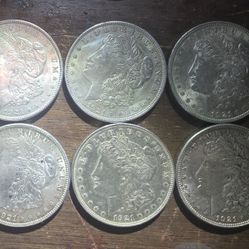 6 1921 Silver Morgan Dollars 