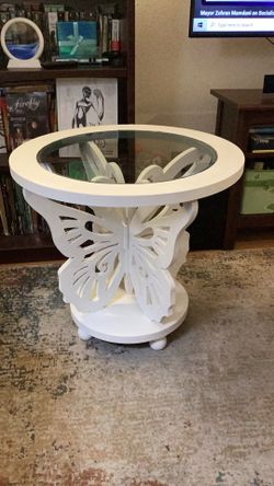 White Butterfly Pedestal Table with Glass Top