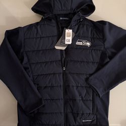 NEW - Medium Seattle Seahawks Historic Cutter & Buck Evoke Hybrid Softshell Mens Hooded Jacket