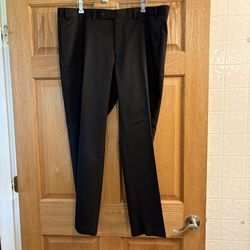 Calvin Klein Mens Dress Pants 40X30 Flat Front Pleated Leg Black w/ Fine Stripes