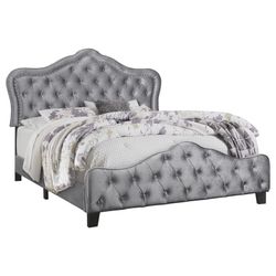 VINTAGE GLAM GRAY VELVET QUEEN SIZE BED FRAME CAMA