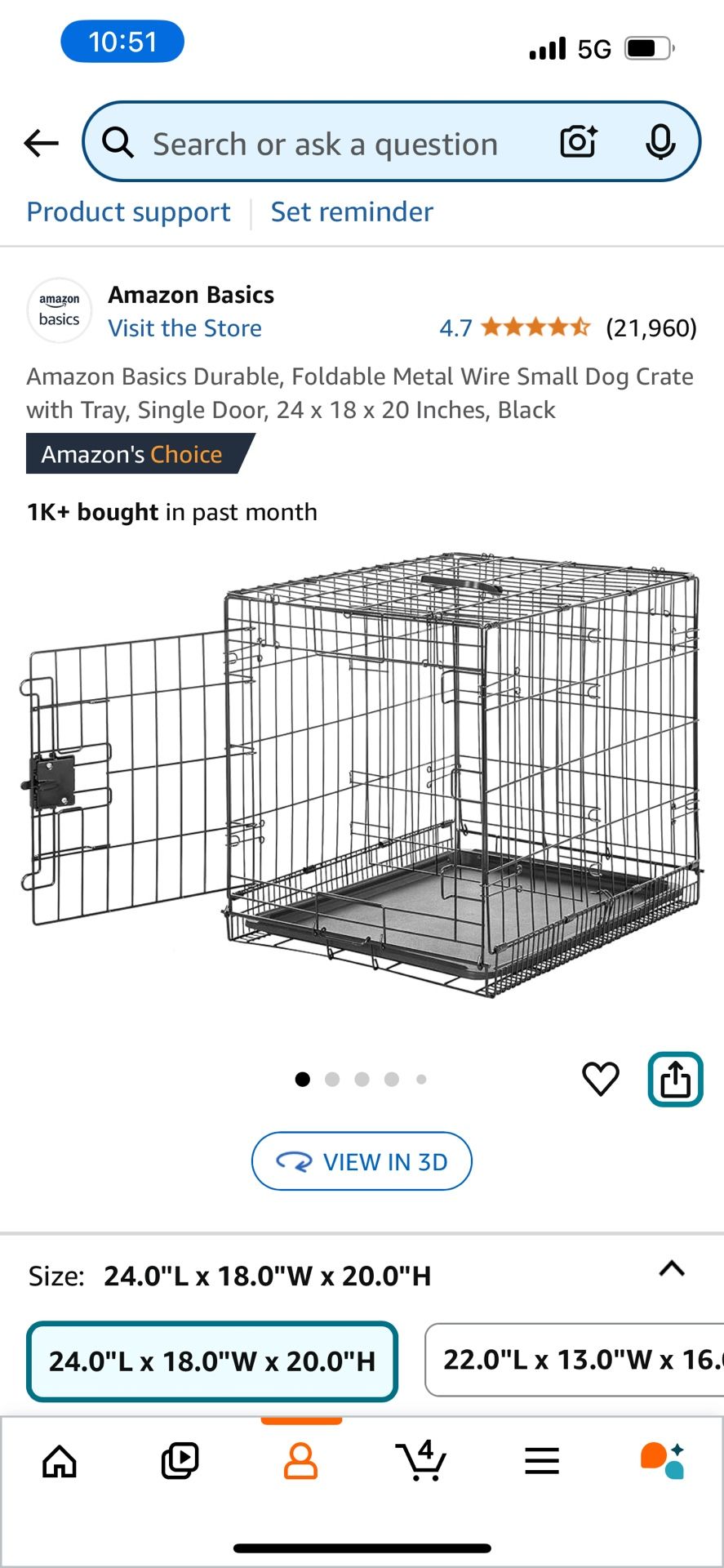 Amazon Basics Durable, Foldable Metal Wire Small Dog Crate with Tray, Single Door, 24 x 18 x 20 Inches, Black