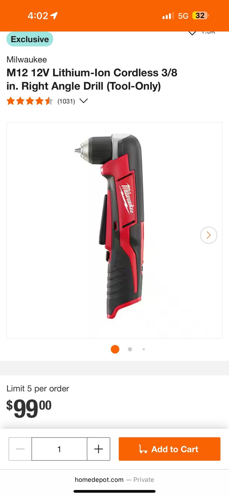 Milwaukee 12V Lithium-Ion Cordless 3/8 in. Right Angle Drill (Tool-Only)