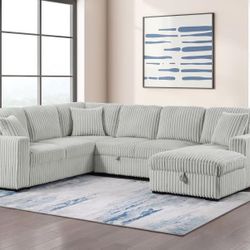 New Corduroy Sectional W Pullout Bed / Storage Chaise.  Grey.  97x122x39H.  Free Delivery!