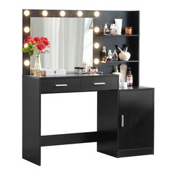 Vanity Desk with Mirror and Lights, 46.4IN Dressing Table with 2 Large Drawer&Large Vertical Organizer, 3 Level Dresser & 3 Lighting Modes Adjustable 