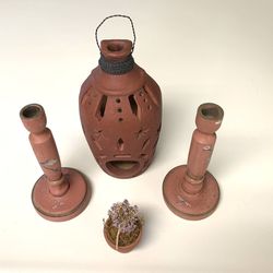 Ceramic Lantern, Pair Of Painted Wooden Candlesticks Small Dried Flower In Terracotta Pot