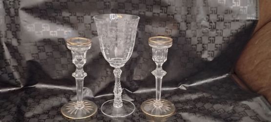 3pc Vintage Crystal Lot Rogaska Gold Rim Candlesticks & Signed Fostoria Etched Goblet