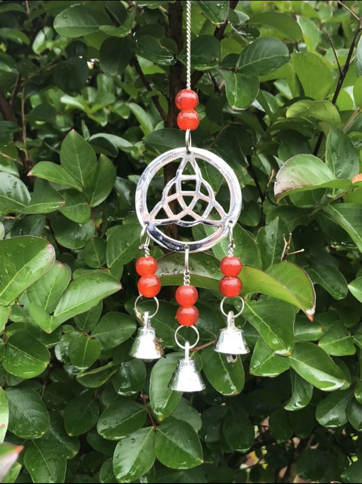 SOLD  - Red Beaded Small Triquetra Celtic Mystic Knot Wind Chime Sun Catcher MobileO