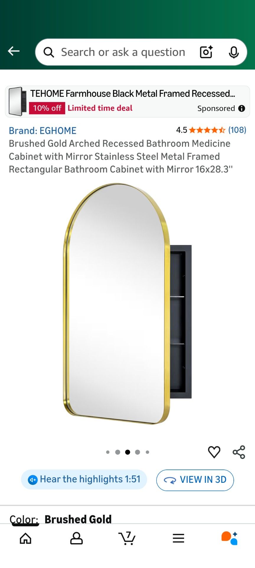 Brushed Gold Arched Recessed Bathroom Medicine Rectangular Bathroom Cabinet with Mirror 16x28.3"
