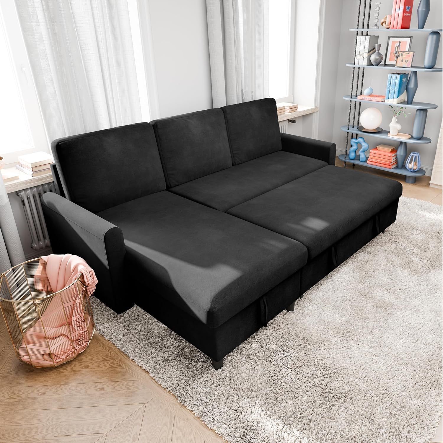 New Modern Pull Out Couch, Convertible Sleeper Sofa Bed with Storage, L-Shaped Sofa Bed with Storage Chaise Linen Fabric for Living Room, Apartment, S