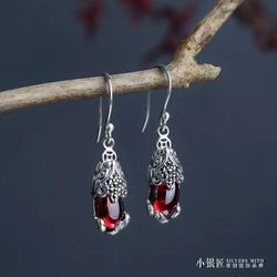 S925 Sterling Silver Pi Xiu Earrings Female Natural Crystal Chalcedony Garnet Silver Embeded Jade Retro Temperament Ear Studs  ‎‏Message me if you are
