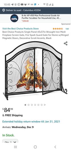 Best Choice Products Single Panel 43x37in Wrought Iron Mesh Fireplace Screen Gate, Fire Spark Guard Gate for Home w/Hinged Magnetic Doors,