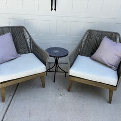 Outdoor Club Chairs - Grey Rope & Mango Wood with Tile Mosaic Side Table