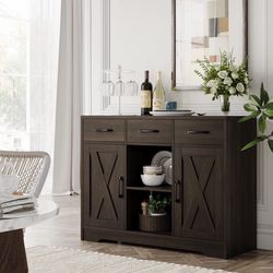 New Modern Farmhouse Buffet Cabinet with Storage, Barn Doors Sideboard Buffet Storage Cabinet with Drawers and Shelves, Wood Coffee Bar Cabinet