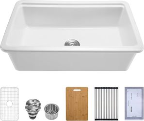 33x19 inch Farmhouse Sink, White Sink Workstation, Fireclay Topmount Undermount Basin, Drop-In Single Bowl Basin with Multiple Accessories,