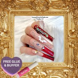 Dark Red French Tip Extra Long 3D Flower Press On Nails 10 Pc Set - FREE GLUE & BUFFER 