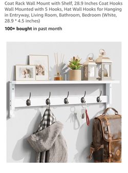 White Wall-Mount Coat Rack with Shelf and 5 Hooks