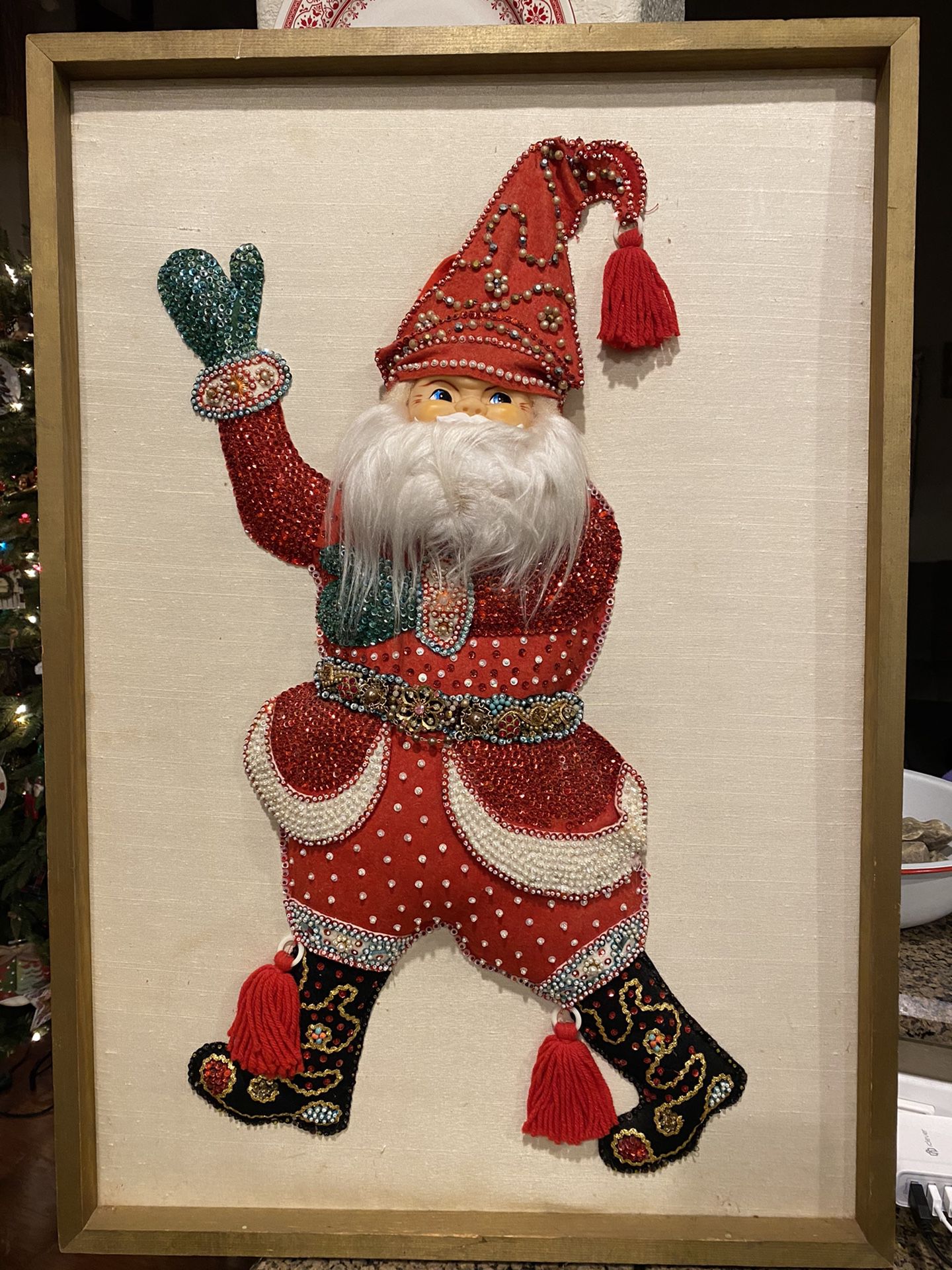Antique Collectible Handmade Large Framed Beaded Santa Decor (23”x33”)