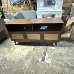 AWQM TV Stand for Living Room, Mid Century Modern TV Console, Rattan Entertainment Center with Storage and Open Shelves, Walnut