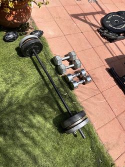 DUMMBELLS WEIGHTS AND BAR WITH WEIGHTS