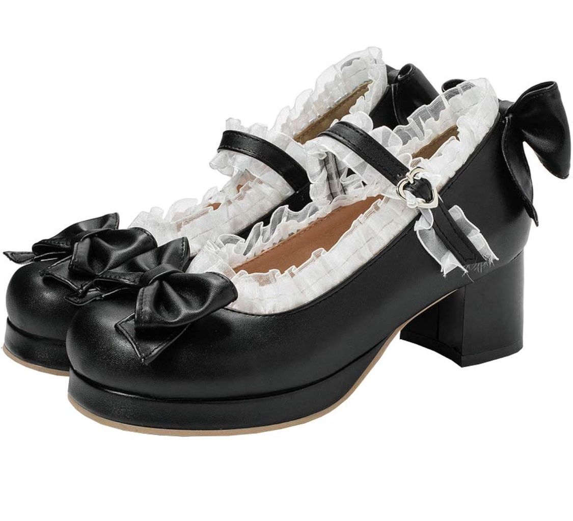 Mid Block Heel Mary Jane Rockabilly Pumps with Bow Platform Chunky Heel Cute Sweet Shoes