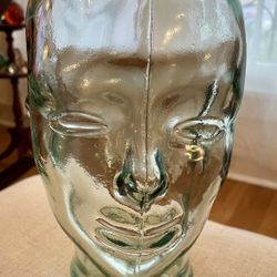 Vintage Glass Human Head Statue - Green Tint - 10”H. Made In Spain