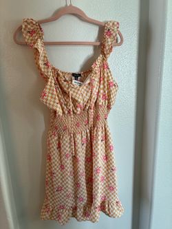 Floral Checkered Mini Dress with Smocked Waist