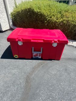 Large Red Plastic Storage Trunk with Wheels