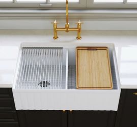 DeerValley Double Bowl Farmhouse Sink 33 Inch, Reversible Apron Front Kitchen Sink White, Undermount Dual Basin Workstation Sink with Cutting Board, R