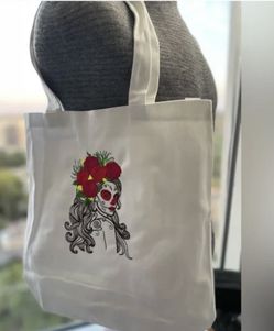 Canvas Skull Embroidered Tote Bag