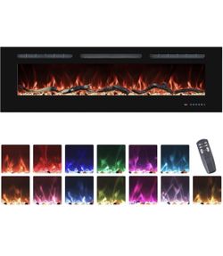 50" Electric Fireplaces Inserts, Recessed & Wall-Mounted Fireplace Heater with Thermostat, Multicolor Flames,Timer, Log & Crystal, 750/1500W,Black