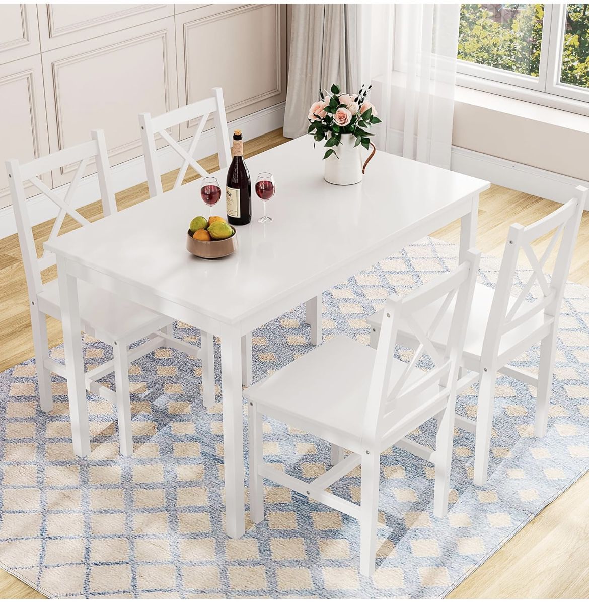 DELICATE 5 Piece Kitchen Table Set with 4 Chairs Pine Wood (White)