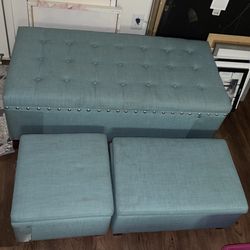 Set of 3 Blue Square Storage Ottomans Benches Footstools