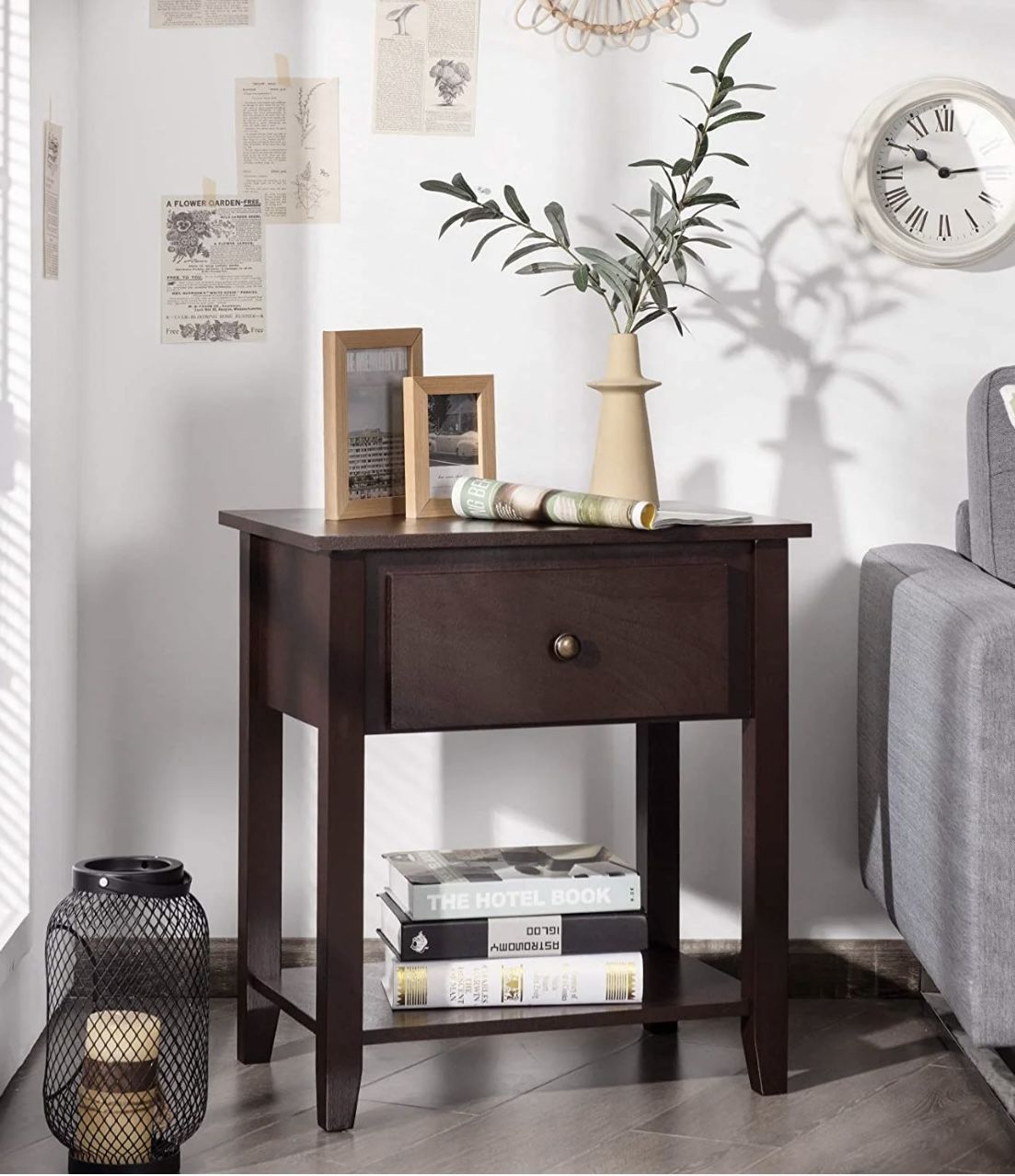 Table with Drawer and Shelf, Small Nightstand with Solid Wood Legs, Accent Table Sofa/Bed Side Table for Living Room, Bedroom (Espresso)