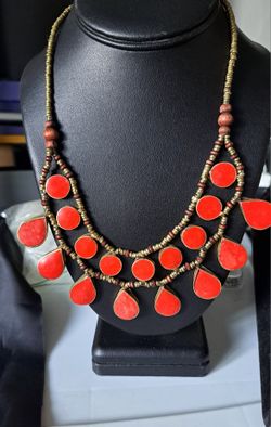 Vintage Coral Teardrop/Tribal Necklace