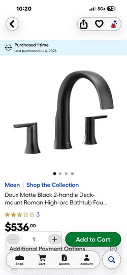 NEW IN BOX MOEN MATTE BLACK 2 HANDLE DECK MOUNT HIGH ARCH. BATHTUB FAUCET. 2 AVAILABLE. 7/4/26