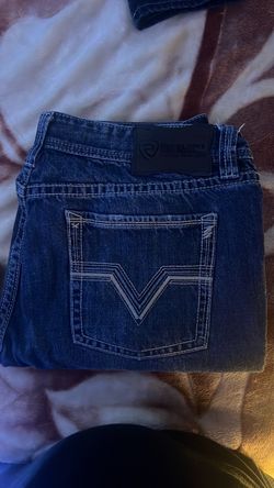 Dark Wash Denim Jeans with V-Stitch Pockets, Size 38/30