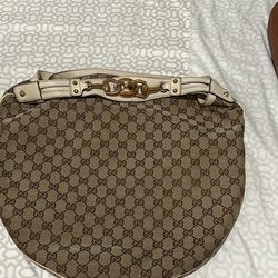 Auth Gucci GG Canvas Horsebit Shoulder Hobo Bag Handbag Beige Brown Ivory 170014