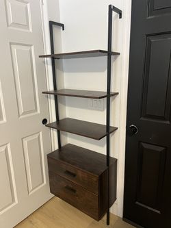 Industrial Two Colors Bookshelf with Wood Drawers and Matte Steel Frame, Vintage/Black Display Bookshelf for Storage