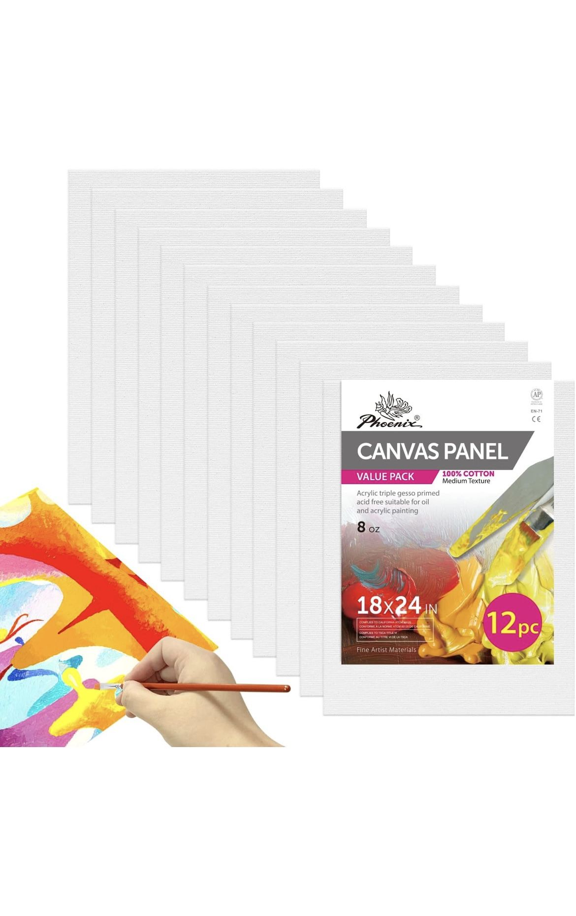 PHOENIX Large Painting Canvas Panels - 18x24 Inch, 12 Bulk Pack - 8 Oz Triple Primed 100% Cotton Acid Free Canvases for Painting, White Blank Canvas
