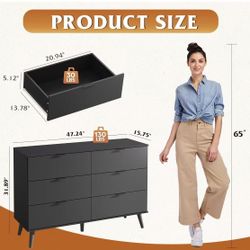 βοΈ Black Dresser for Bedroom, 47.24'' Wide 6 Drawer Wood Dresser Storage Organizer with Sturdy Metal Handle, TV Stand for 55 inch TV, Chest of Drawers