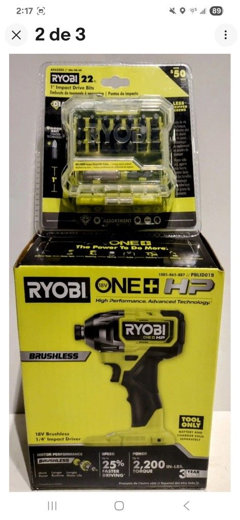 RYOBI 18V BRUSHLESS HP 1/4" IMPACT DRIVER PBLD01B (TOOL ONLY)W/ 22 PC BIT SET