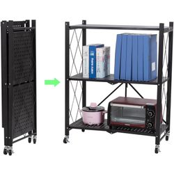 Muichi Folding Shelf 3-Tier, Foldable Shelves with Wheels, Collapsible Shelves, Metal Shelving Unit, Storage Organizer Rack for Kitchen, Garage, Home,