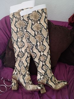 Vince Camuto Snake-Print-Leather Over-the-Knee Block Heel Boots - Beige/Tan 8.5