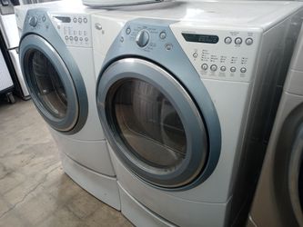 Whirlpool Duet front load washer and dryer set on pedestals - Free delivery