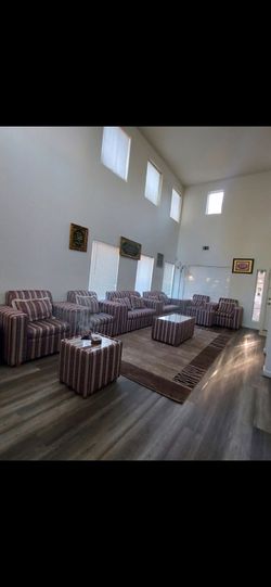 Striped Living Room Sofa Set with Ottomans