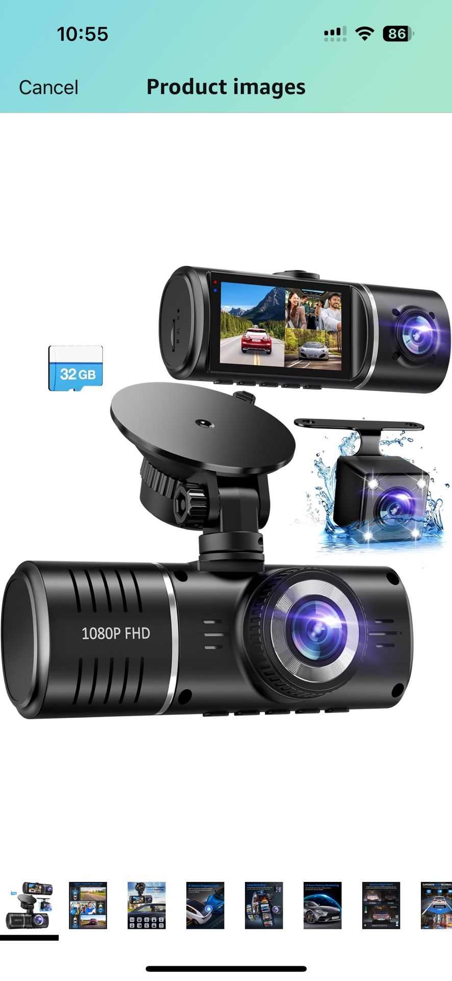 Brand New Dash Cam Front and Rear, 1080P Dash Camera for Cars, 3 Channel Car Camera Front Rear and Inside with 32GB Card, Loop Recording, Night Vision